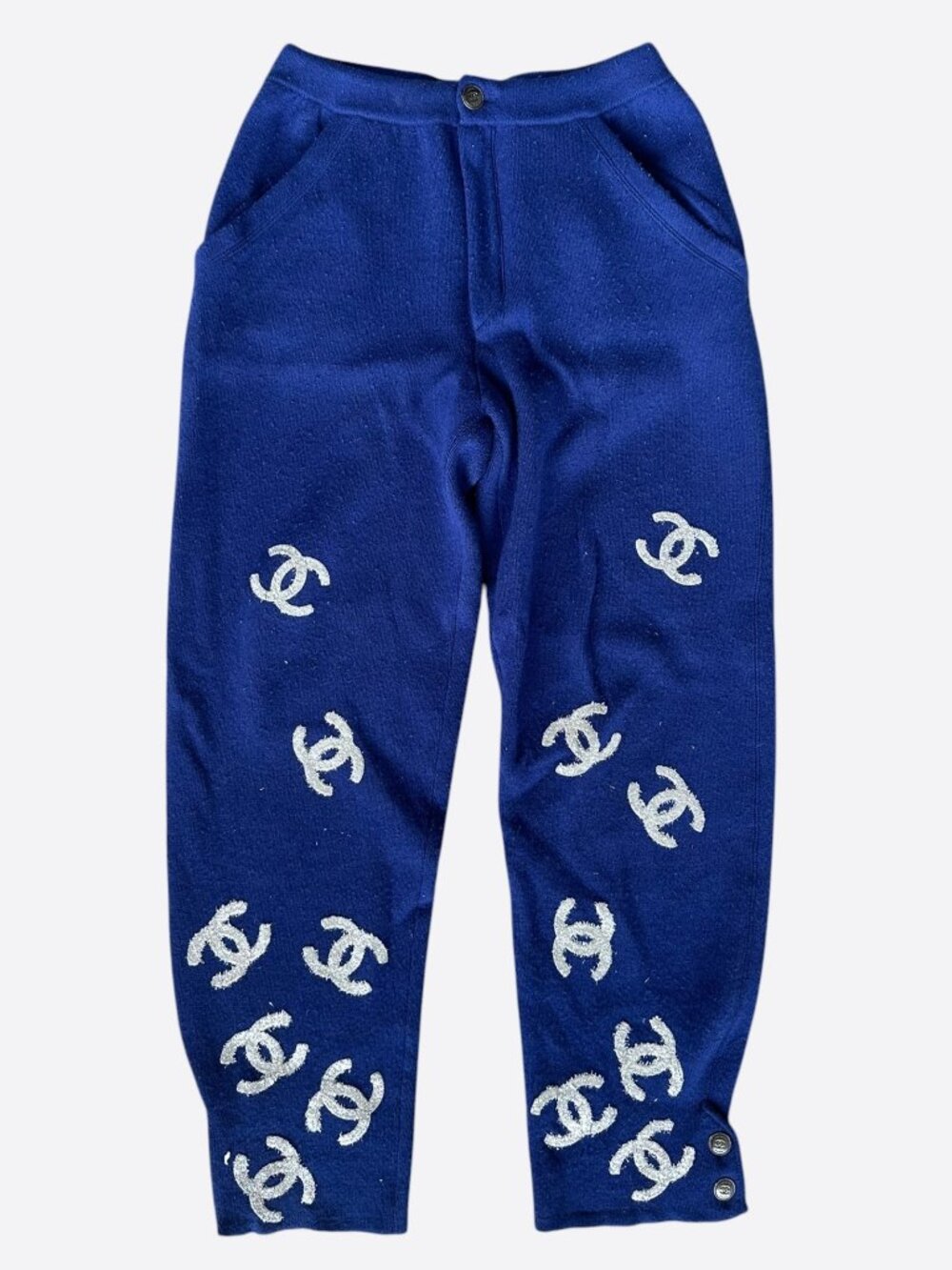 Chanel Blue & Silver CC Logo Cashmere Sweatpants